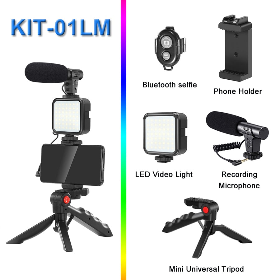 PHONE VLOGGING KIT WITH TRIPOD, REMOTE, LED LIGHT AND MICROPHONE