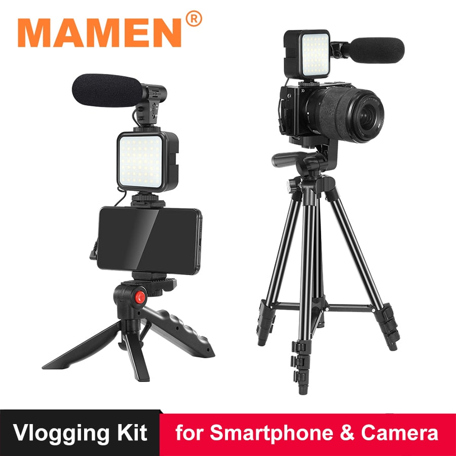 PHONE VLOGGING KIT WITH TRIPOD, REMOTE, LED LIGHT AND MICROPHONE