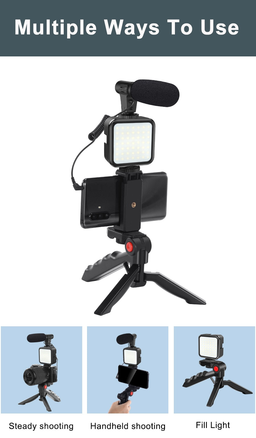 PHONE VLOGGING KIT WITH TRIPOD, REMOTE, LED LIGHT AND MICROPHONE