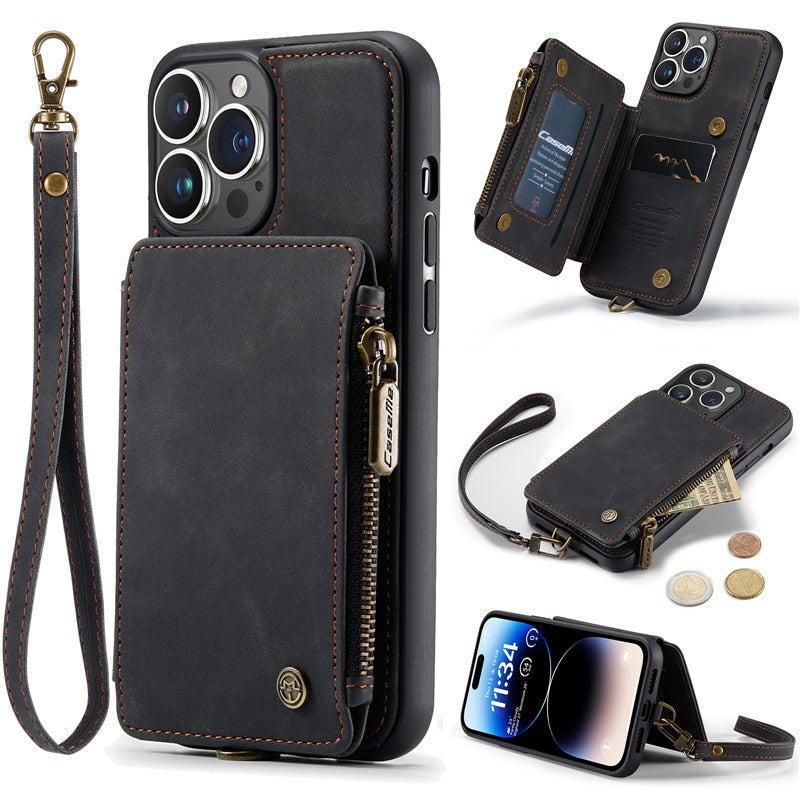 LEATHER WALLET CASE PHONE HOLDER WITH ZIPPER