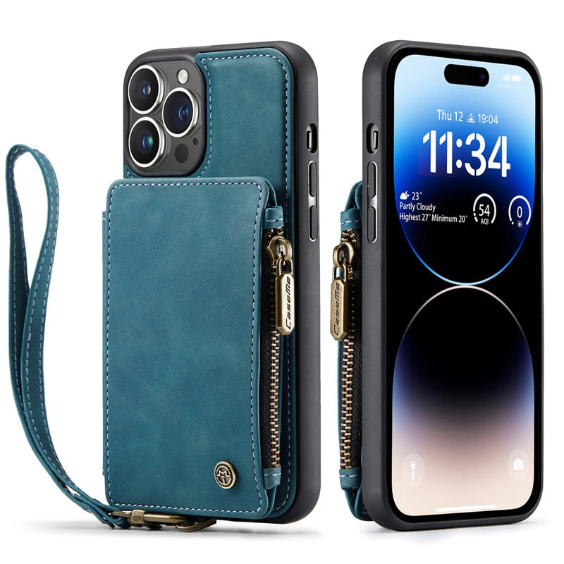 LEATHER WALLET CASE PHONE HOLDER WITH ZIPPER