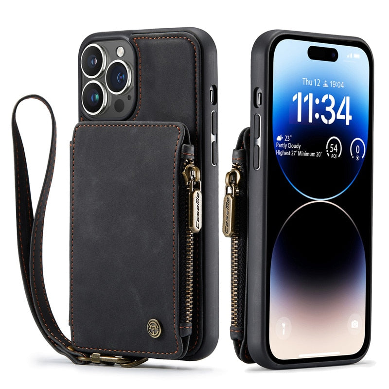 LEATHER WALLET CASE PHONE HOLDER WITH ZIPPER